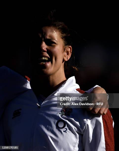Sarah Hunter of England sings the National Anthem during the Women's Six Nations match between England and Ireland at Castle Park on February 23,...
