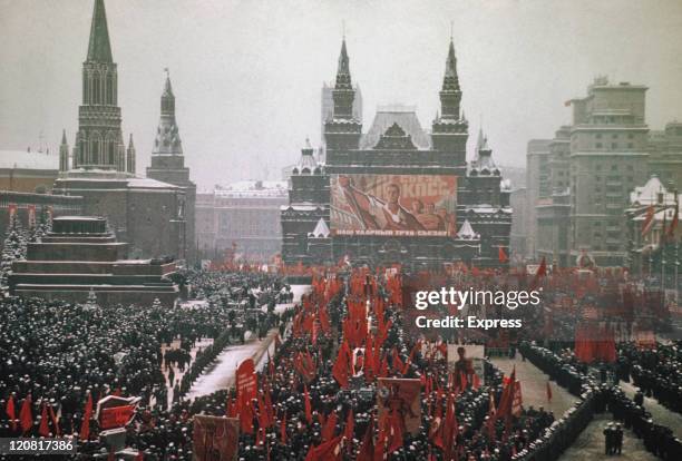 Parade taking place in Red Square, Moscow, former Soviet Union, circa 1975.