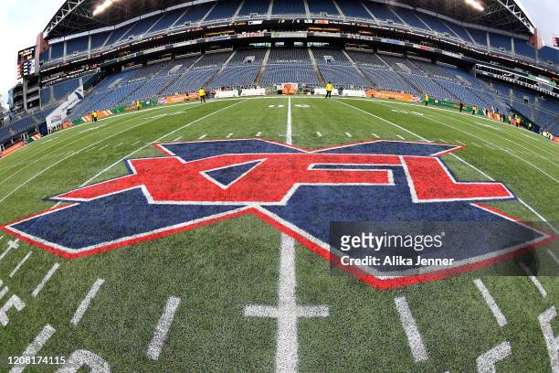General interior view of CenturyLink Field with the XFL midfield logo after the game between the Seattle Dragons and the Dallas Renegades at...