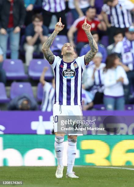 Sandro Ramirez of Valladolid celebrates after scoring his team's first goal during the La Liga match between Real Valladolid CF and RCD Espanyol at...