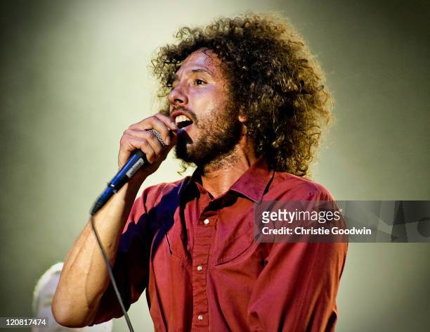 Zack de la Rocha of Rage Against The Machine performs on stage in Finsbury Park on June 6, 2010 in London, UK.