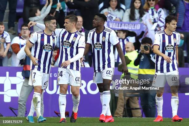 Sergi Guardiola of Valladolid celebrates with teammates after scoring his team's second goal during the La Liga match between Real Valladolid CF and...