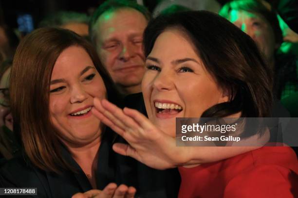 Members of the German Greens party, including co-leader Annalena Baerbock and local candidate Katharina Fegebank, react to initial exit polls that...
