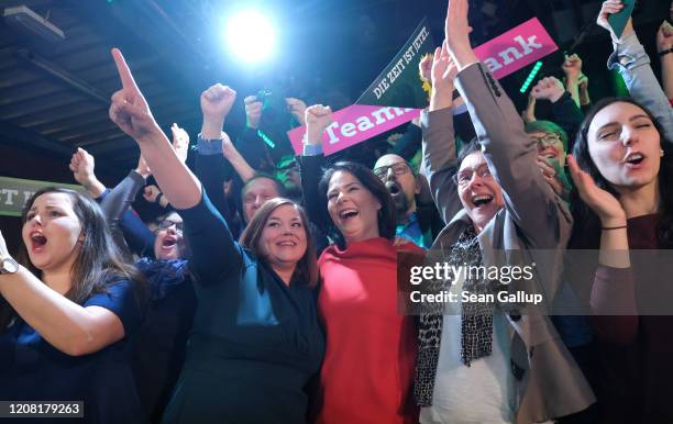 Members of the German Greens party, including co-leader Annalena Baerbock and local candidate Katharina Fegebank , react to initial exit polls that...