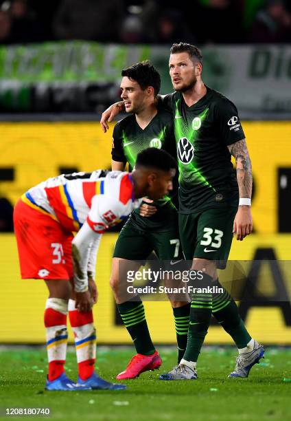 Josip Brekalo of VfL Wolfsburg celebrates after scoring his team's first goal during the Bundesliga match between VfL Wolfsburg and 1. FSV Mainz 05...