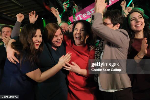 Members of the German Greens party, including co-leader Annalena Baerbock and local candidate Katharina Fegebank , react to initial exit polls that...