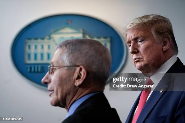 Dr. Anthony Fauci , director of the National Institute of Allergy and Infectious Diseases, speaks as U.S. President Donald Trump looks on during a...