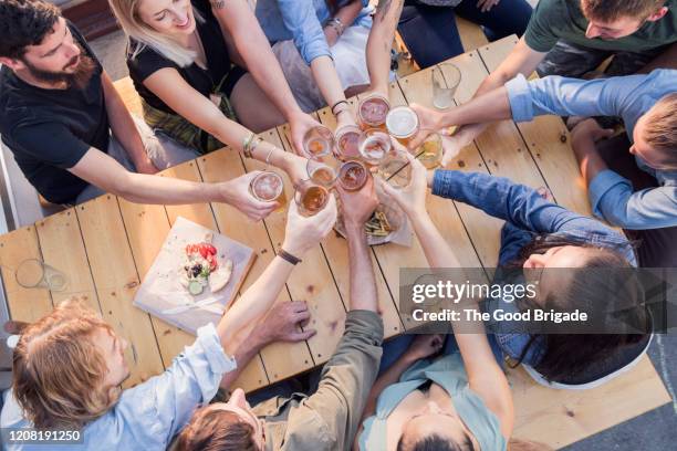 high angle view of friends toasting in bar - friends toasting above table stock pictures, royalty-free photos & images