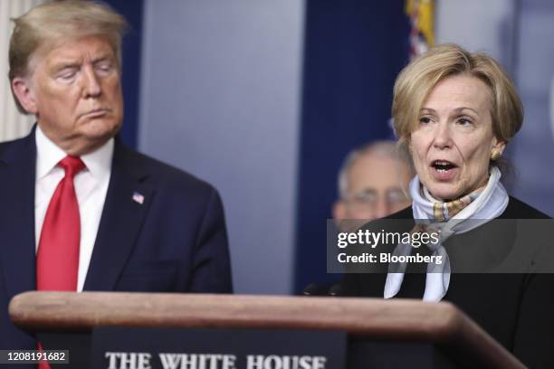 Deborah Birx, coronavirus response coordinator, right, speaks as U.S. President Donald Trump listens during a Coronavirus Task Force news conference...