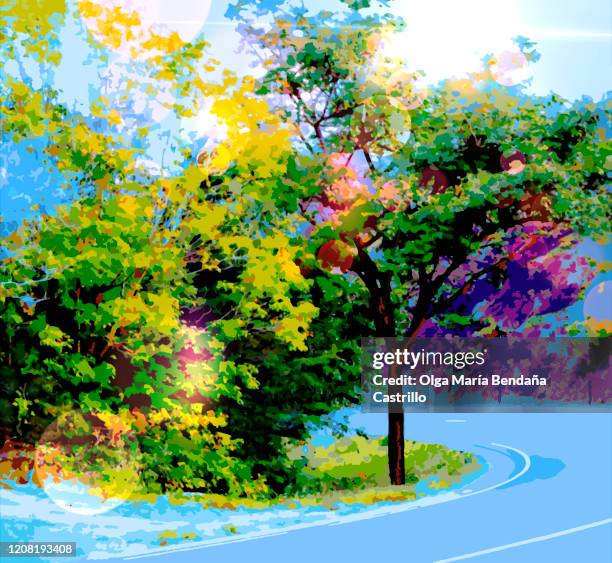 bokeh over tree by the road - fall road stock illustrations