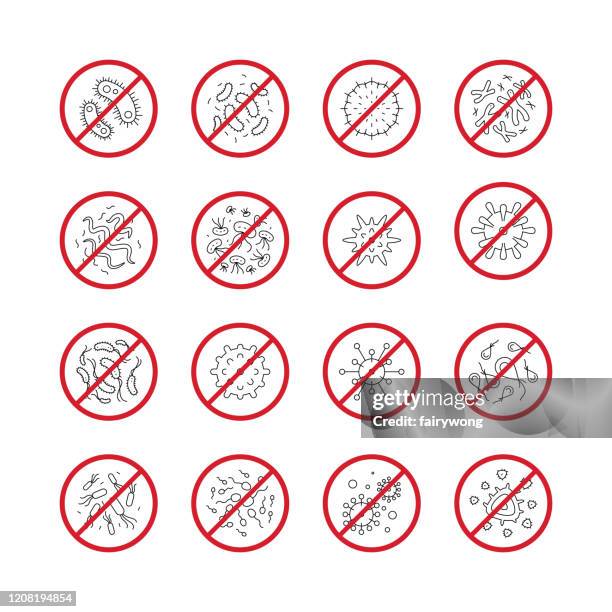 stop sign of virus, bacteria, germs and microbe,vector icon - kill bacteria stock illustrations
