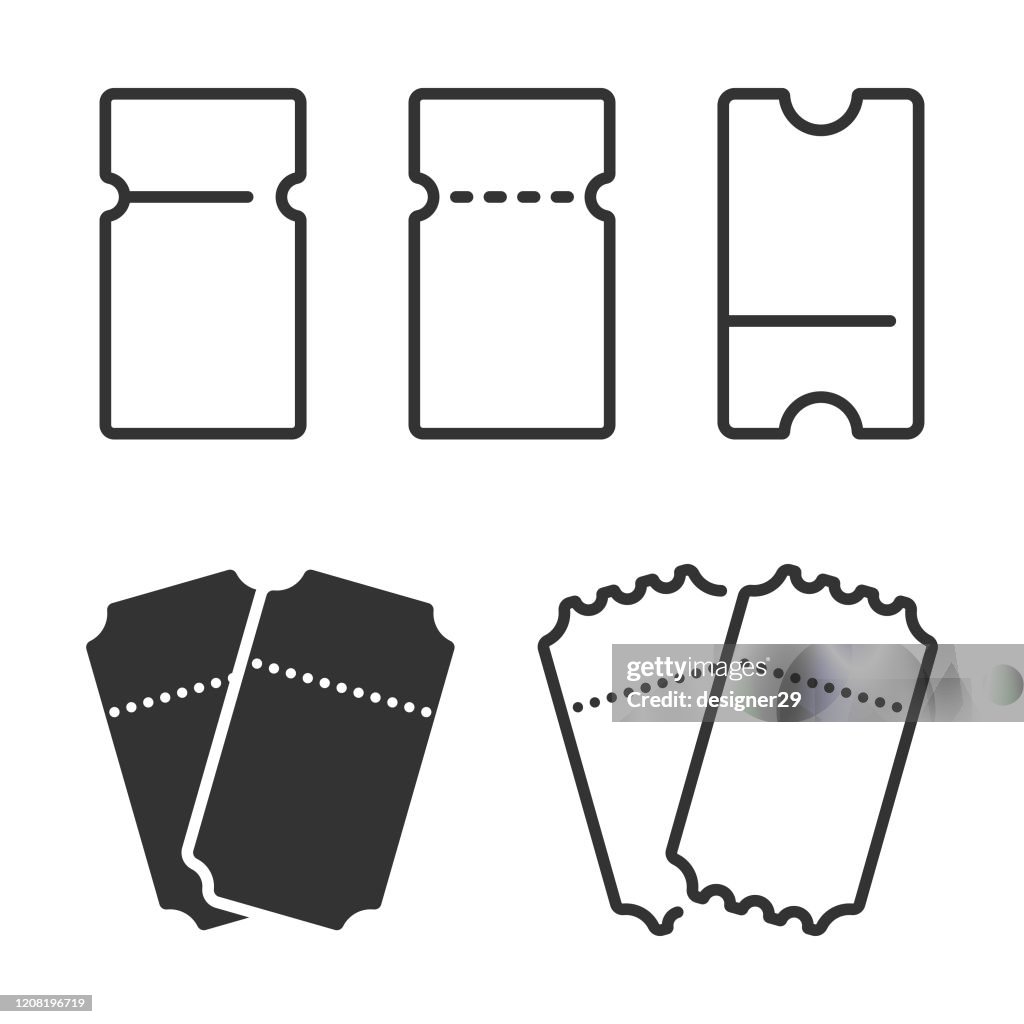 Conjunto de ícones de ingressos, esboço e design de vetor plano.