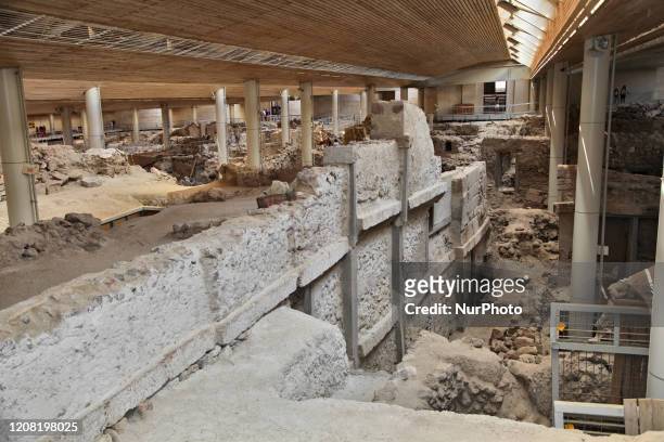 Archaeological excavation of the prehistoric village of Akrotiri on Santorini Island, Greece. The site was buried by ash from the Theran volcanic...