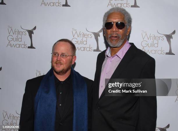 Writer Anthony Peckham and Actor Morgan Freeman arrive at the 2010 Writers Guild Awards held at the Hyatt Regency Century Plaza on February 20, 2010...