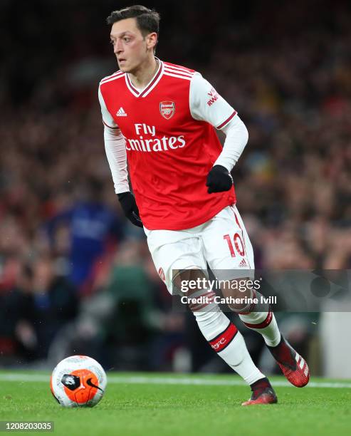 Mesut Ozil of Arsenal during the Premier League match between Arsenal FC and Everton FC at Emirates Stadium on February 23, 2020 in London, United...