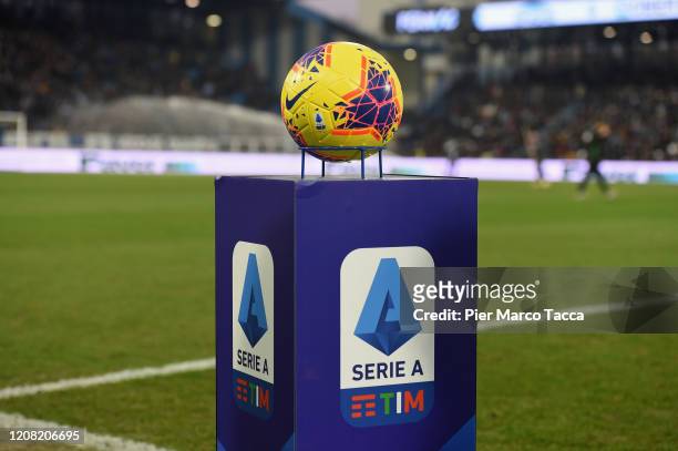 Official ball of serie A is displayed during the Serie A match between SPAL and Juventus at Stadio Paolo Mazza on February 22, 2020 in Ferrara, Italy.