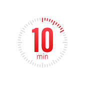 The 10 minutes, stopwatch vector icon. Stopwatch icon in flat style, 10 minutes timer on on color background. Vector stock illustration.