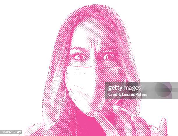 fearful woman wearing protective face mask - cross contamination stock illustrations