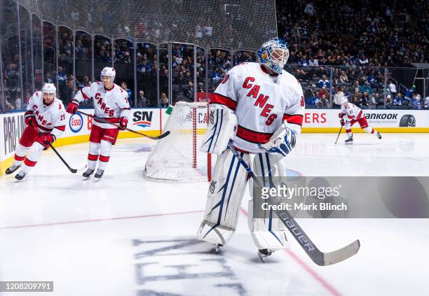 Emergency backup goaltender Dave Ayres of the Carolina Hurricanes takes the ice against the Toronto Maple Leafs during the third period at the...