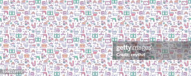 vector set of design templates and elements for construction industry in trendy linear style - seamless patterns with linear icons related to construction industry - vector - plumber tools background stock illustrations