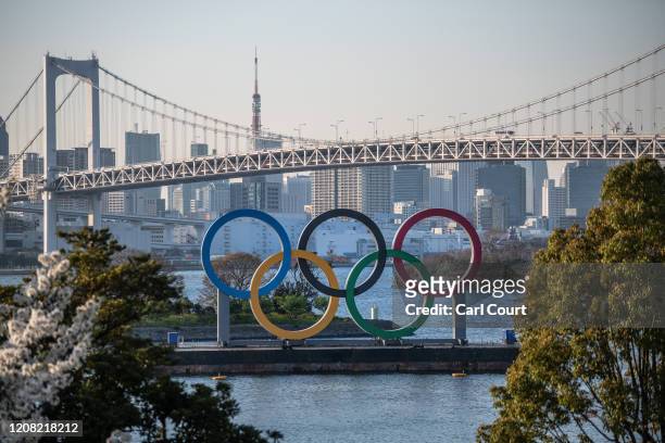 The Tokyo 2020 Olympic Rings are displayed on March 25, 2020 in Tokyo, Japan. Following yesterdays announcement that the Tokyo 2020 Olympics will be...