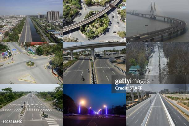 This combination of pictures created and taken on March 25 shows deserted streets in Ghaziabad, New Delhi, Mumbai, Allahabad, Chennai, Kashmir...