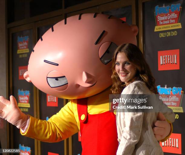 Drew Barrymore with Stewie Griffin during "Family Guy Presents Stewie Griffin: The Untold Story" DVD Premiere - Arrivals at Mann National Theater in...