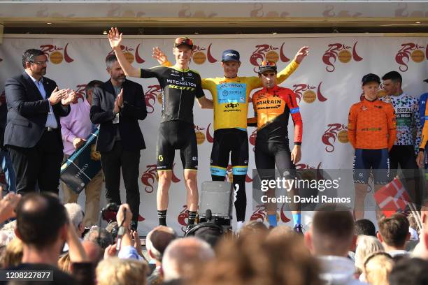 Podium / Jack Haig of Australia and Team Mitchelton-Scott / Jakob Fuglsang of Denmark and Astana Pro Team Yellow Leader Jersey / Mikel Landa of Spain...