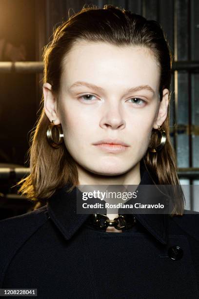 Model Cara Taylor is seen backstage at the Boss fashion show on February 23, 2020 in Milan, Italy.