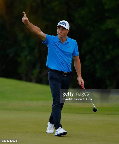 Viktor Hovland of Norway celebrates on the 18th green after making his birdie putt to win the Puerto Rico Open at Grand Reserve Country Club on...