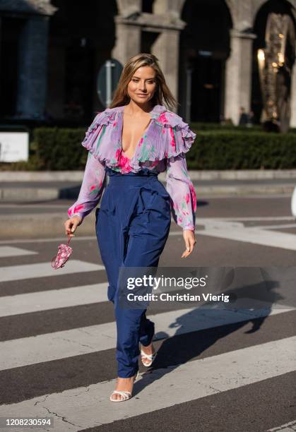 Veronica Ferraro is seen wearing navy high waist pants, lavender blouse outside Philosophy during Milan Fashion Week Fall/Winter 2020-2021 on...