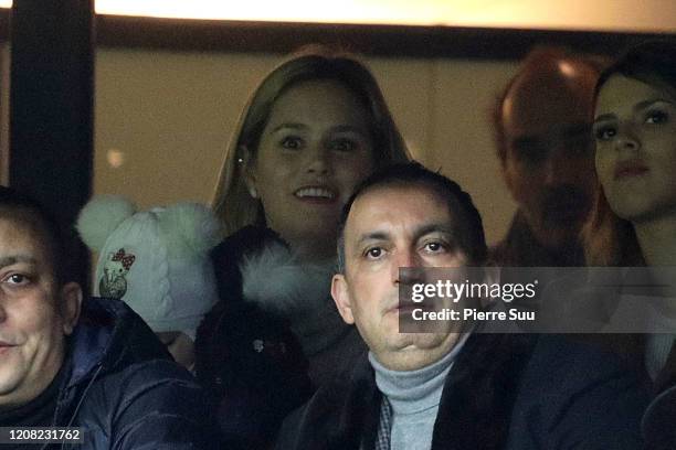 Edinson Cavani's companion Jocelyn Burgardt and her daughter India are seen during the Ligue 1 match between Paris Saint-Germain and Girondins...