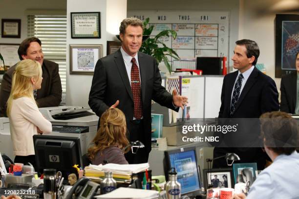 Training Day" Episode 720 -- Pictured: Angela Kinsey as Angela Martin, Brian Baumgertner as Kevin Malone, Will Ferrell as Deangelo Vickers, Jenna...