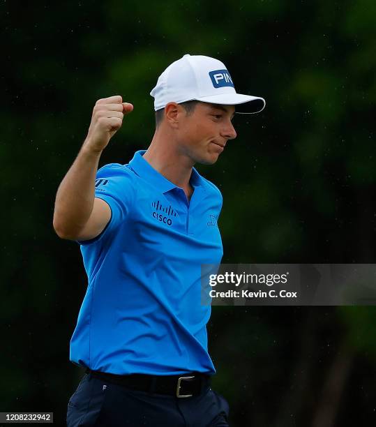 Viktor Hovland of Norway celebrates on the 18th green after making his birdie putt to win the Puerto Rico Open at Grand Reserve Country Club on...