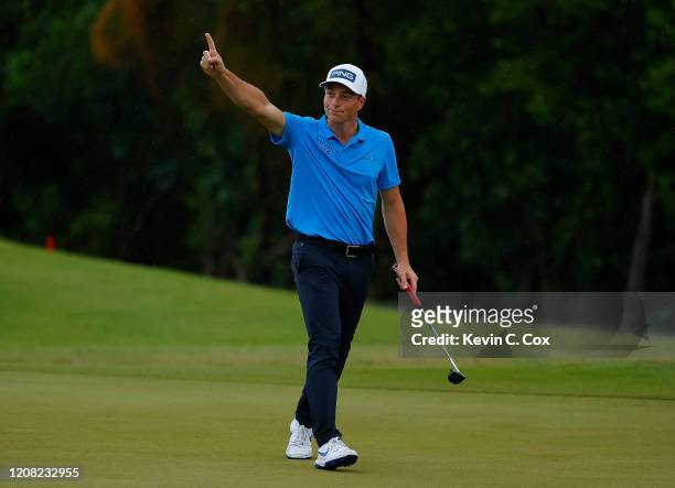 Viktor Hovland of Norway celebrates on the 18th green after making his birdie putt to win the Puerto Rico Open at Grand Reserve Country Club on...