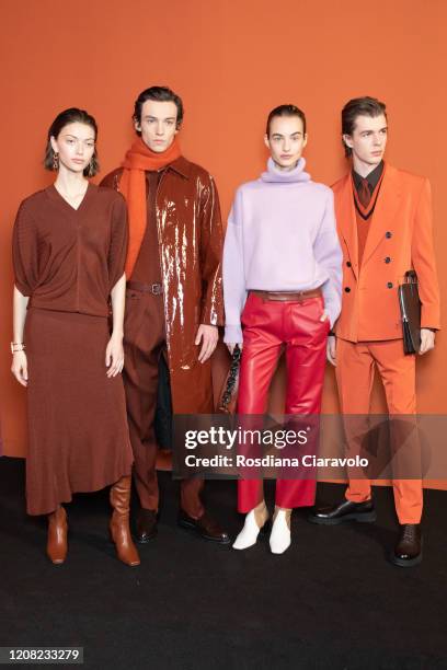 Models Valerie Sherzinger and Maartje Verhoef is seen backstage at the Boss fashion show on February 23, 2020 in Milan, Italy.