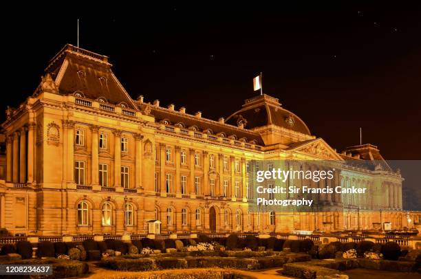 brussels royal palace illuminated at night in brussels, belgium - royal palace brussels stock-fotos und bilder