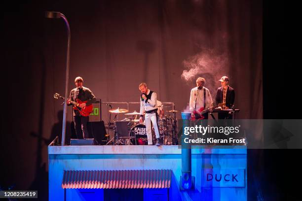 Andrew White, Ricky Wilson, Simon Rix and Nick Baines of Kaiser Chiefs perform at 3Arena Dublin on February 23, 2020 in Dublin, Dublin.