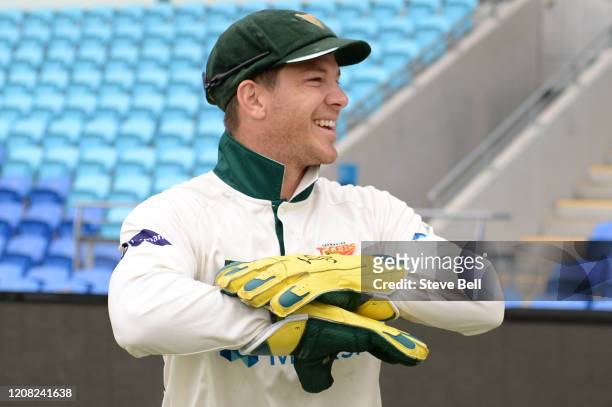 Tim Paine of Tasmania prepares to take the field during day one of the Sheffield Shield match between Tasmania and Western Australia at Blundstone...