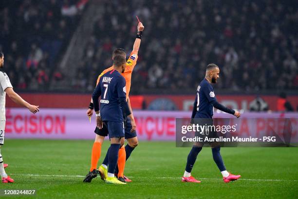 Neymar Jr of Paris Saint-Germain receives a red card during the Ligue 1 match between Paris Saint-Germain and Girondins Bordeaux at Parc des Princes...