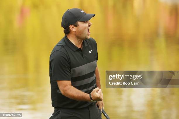 Patrick Reed of the United States celebrates his birdie on the 17th green during the final round of the World Golf Championships Mexico Championship...