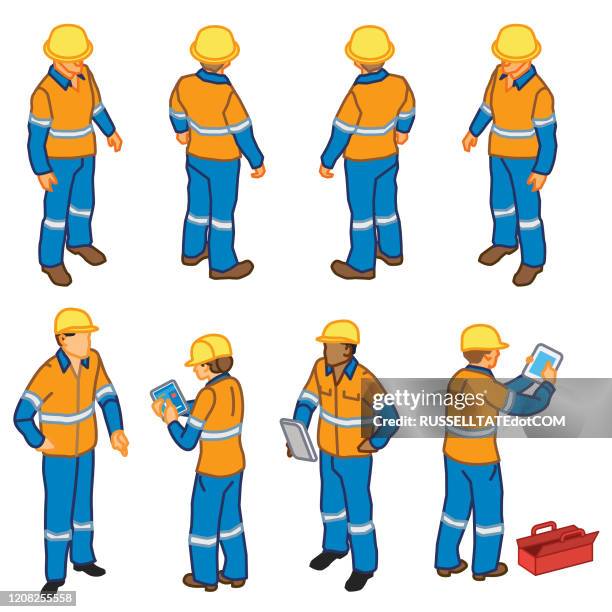 construction inspection workers (isometric) - graphics tablet stock illustrations