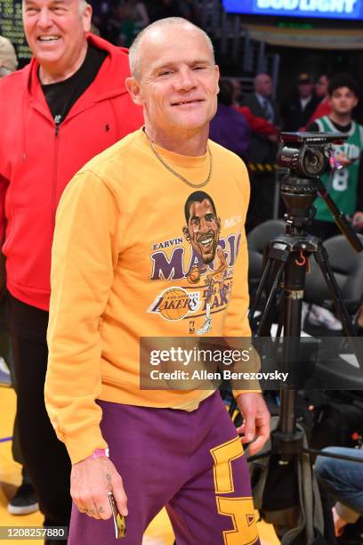 Musician Flea attends a basketball game between the Los Angeles Lakers and the Boston Celtics at Staples Center on February 23, 2020 in Los Angeles,...