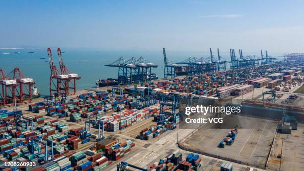 Aerial view of containers at the Port of Nansha on February 23, 2020 in Guangzhou, Guangdong Province of China.