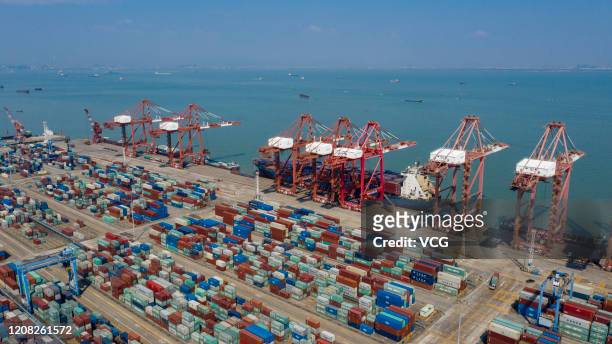 Aerial view of containers at the Port of Nansha on February 23, 2020 in Guangzhou, Guangdong Province of China.