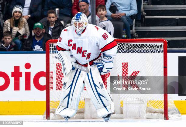 Emergency backup goaltender Dave Ayres of the Carolina Hurricanes looks on against the -Toronto Maple Leafs during the third period at the Scotiabank...