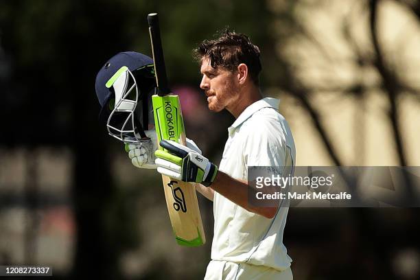 Daniel Hughes of the Blues celebrates and acknowledges the crowd after hitting a century during day one of the Sheffield Shield match between New...