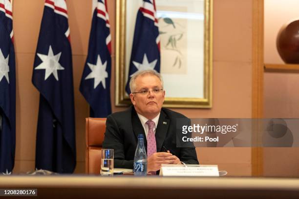 Australian Prime Minister Scott Morrison takes part in an unusual G20 Leaders’ Summit to discuss the international coronavirus crisis on March 26,...