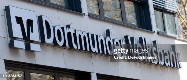 The logo of Dortmunder Volksbank is seen on the facade of a Dortmunder Volksbank branch on March 24, 2020 in Dortmund, Germany.