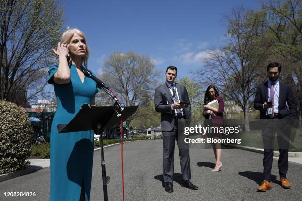 Kellyanne Conway, senior advisor to U.S. President Donald Trump, speaks to members of the media outside the White House in Washington, D.C., U.S., on...